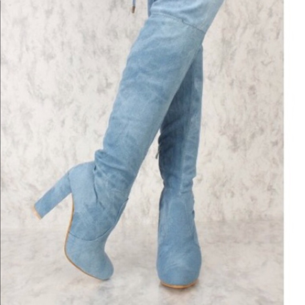 Light Blue jean “over-the-knee” boots.